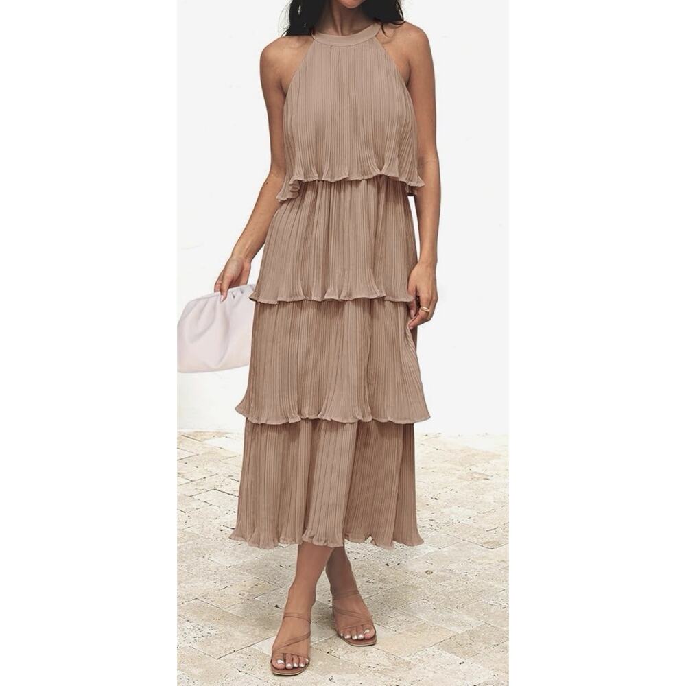 Zesica Sleeveless Halter Neck Chiffon, Ruffled, Tiered Midi Dress Women’s L